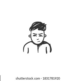 Distrust feeling icon. Distrustful man. Outline sketch drawing. Human emotions and feelings concept. Disbelief, suspiciousness or scepticism expression. Isolated vector illustration