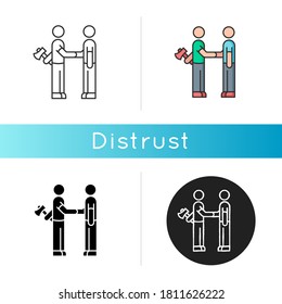 Distrust icon. Lack of trust, insecurity, betrayal. Negative mindset. Linear black and RGB color styles. Untrustworthy behaviour. Shaking hands with traitor isolated vector illustrations