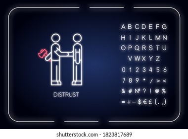 Distrust neon light icon. Outer glowing effect. Lack of trust, insecurity, betrayal. Sign with alphabet, numbers and symbols. Shaking hands with traitor vector isolated RGB color illustration