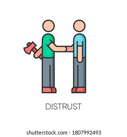 Distrust RGB color icon. Lack of trust, insecurity, betrayal. Negative mindset. Untrustworthy behaviour. Shaking hands with traitor isolated vector illustration