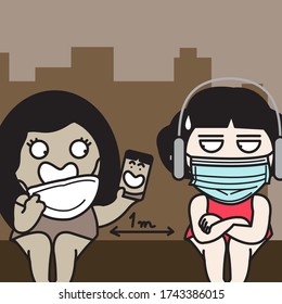 A Distrustful Girl With Medical Face Mask Maintaining Distance Between Herself And The Girl Who Taking Off Protective Mask While Talking On Phone On Subway Train. Stop Spreading Disease. Virus Control