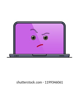 Distrustful laptop computer isolated emoticon. Suspecting digital device emoji symbol. Social communication and chatting. Critical monitor showing facial emotion. Animated notebook vector illustration