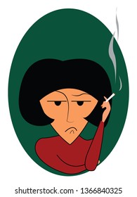 A disturbed woman is smoking cigarette vector or color illustration