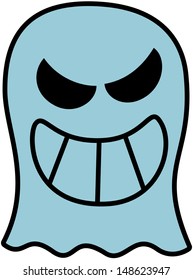 Disturbing blue ghost showing its big teeth while smiling maliciously