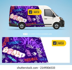 ditable Van Mock-up with Street art graffiti wrap design. Abstract Hip-Hop graffiti tags decal for livery branding design and corporate identity company. Decal design for services van and racing car
