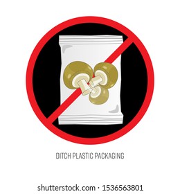 Ditch plastic packaging symbol. Stop packing fresh vegetable with unnecessary package to reduce plastic pollution. Vector illustration outline flat design style.