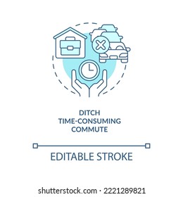 Ditch time-consuming commute turquoise concept icon. Remote work benefit abstract idea thin line illustration. Isolated outline drawing. Editable stroke. Arial, Myriad Pro-Bold fonts used