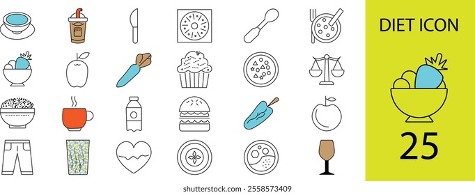 a dite icon set vector illustration and A clean vector icon set showcasing diet-related themes, including fruits, vegetables, plates, scales, meal plans, water bottles, and utensils.