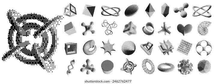 Dither bitmap 3D shapes. Retro futuristic digital objects with pixel dithering texture, abstract geometric figures and Y2k organic shapes vector set of y2k geometric dither illustration