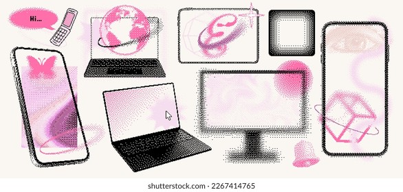 Dither devices mockup. Mobile phone, bitmap laptop, pixel tablet and computer monitor vector illustration set