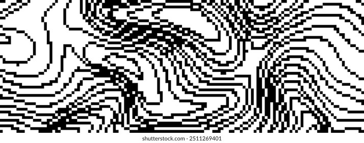 Textura de linha ondulada curva pontilhada. Plano de fundo preto com falha pixelizada. Fundo digitalizado distorcido para banner, cartaz, folheto, brochura, livreto. Papel de parede de sobreposição de ruído rasterizado abstrato. Vetor