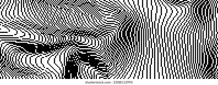 Dithered curved wavy texture. Black pixelated glitch lines background. Digitalized distorted stripes for banner, poster, flyer, brochure, booklet. Abstract rasterized noise overlay wallpaper. Vector