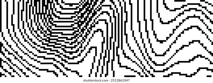 Textura de linha curvada ondulada pontilhada. Plano de fundo de falha de pixel preto. Fundo digitalizado distorcido para banner, cartaz, folheto, brochura, livreto. Papel de parede de sobreposição de listras rasterizadas abstratas. Vetor
