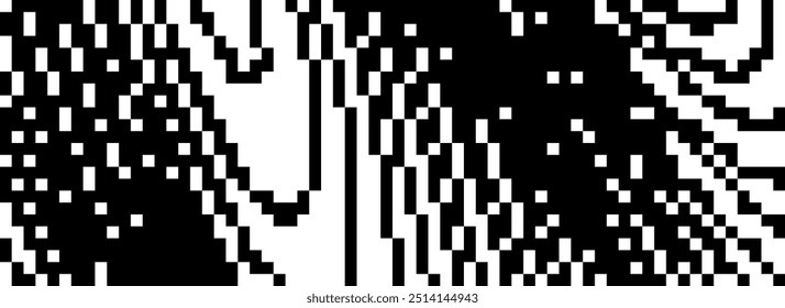 Dithered wavy curved line texture. Black 8 bit pixel glitch background. Digitalized distorted backdrop for banner, poster, flyer, brochure, booklet. Rasterized stripes overlay wallpaper. Vector