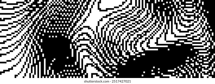 Dithered wavy curved line texture. Black 8 bit pixel glitch background. Rasterized stripes overlay wallpaper. Binary digitalized distorted backdrop for banner, poster, flyer, brochure, booklet. Vector