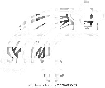A dithered wolf illustration rendered in halftone bitmap style using monochrome dots to form a pixelated animal silhouette. This canid graphic features a striking dot art technique ideal for graphic design projects requiring bold minimalist visuals and abstract ...