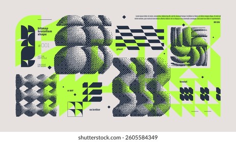 Dithering bitmap abstract vector color background with Postmodern geometric graphic brutalism shapes, Y2K bold vector pixelated modernism artwork banner inspiration by retro 8-bit aesthetic