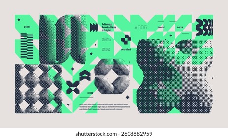Dithering bitmap abstract vector color background with Postmodern geometric graphic brutalism shapes, Y2K bold vector pixelated modernism artwork banner inspiration by retro 8-bit aesthetic, yellow 6