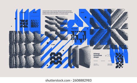 Dithering bitmap abstract vector color background with Postmodern geometric graphic brutalism shapes, Y2K bold vector pixelated modernism artwork banner inspiration by retro 8-bit aesthetic, yellow 5