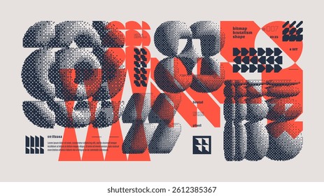 Dithering bitmap abstract vector color background with Postmodern geometric graphic brutalism shapes, Y2K bold vector pixelated modernism artwork banner inspiration by retro 8-bit aesthetic, orange 7