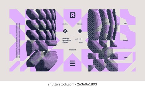 Image bitmap tramée abstraite arrière-plan Image vectorielle couleur avec formes de brutalisme graphique géométrique postmoderne, Image vectorielle audacieuse Y2K modernisme pixelisé oeuvre d'art bannière inspiration rétro 8 bits esthétique, mauve 10