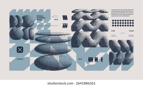 Dithering bitmap abstract vector color background with Postmodern geometric graphic brutalism shapes, Y2K bold vector pixelated modernism artwork banner inspiration retro 8bit aesthetic, cadet gray 11
