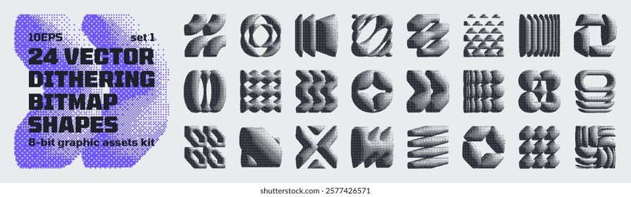 Dithering bitmap high-quality shapes, abstract geometric graphic assets kit inspiration by retro 8-bit aesthetic, Y2K bold vector pixelated collection grunge elements, brutalism pixel art set 1