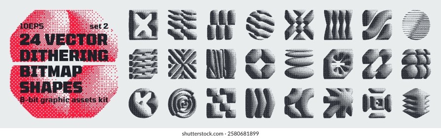 Dithering bitmap high-quality shapes, abstract geometric graphic assets kit inspiration by retro 8-bit aesthetic, Y2K bold vector pixelated collection grunge elements, brutalism pixel art set 2