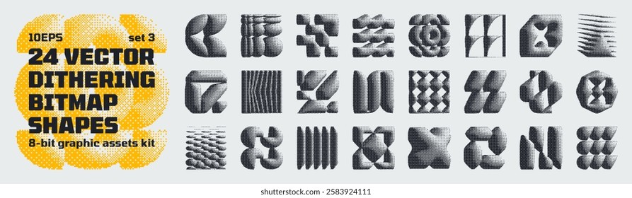 Dithering bitmap high-quality shapes, abstract geometric graphic assets kit inspiration by retro 8-bit aesthetic, Y2K bold vector pixelated collection grunge elements, brutalism pixel art set 3