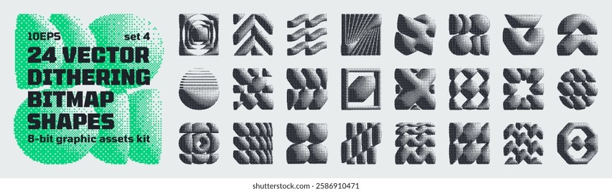 Dithering bitmap high-quality shapes, abstract geometric graphic assets kit inspiration by retro 8-bit aesthetic, Y2K bold vector pixelated collection grunge elements, brutalism pixel art set 4