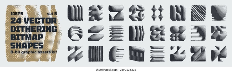 Dithering bitmap high-quality shapes, abstract geometric graphic assets kit inspiration by retro 8-bit aesthetic, Y2K bold vector pixelated collection grunge elements, brutalism pixel art set 5