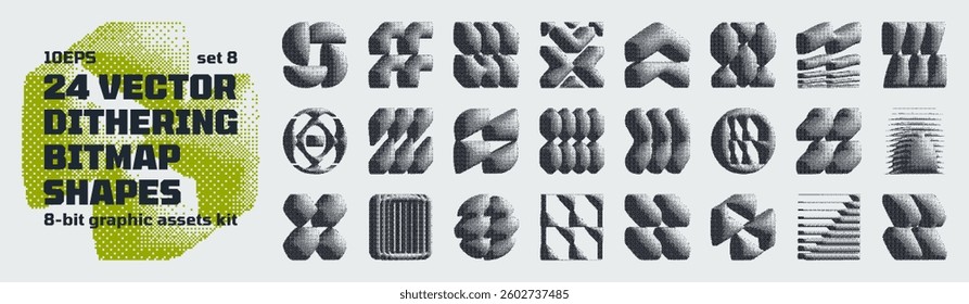 Dithering bitmap high-quality shapes, abstract geometric graphic assets kit inspiration by retro 8-bit aesthetic, Y2K bold vector pixelated collection grunge elements, brutalism pixel art set 8