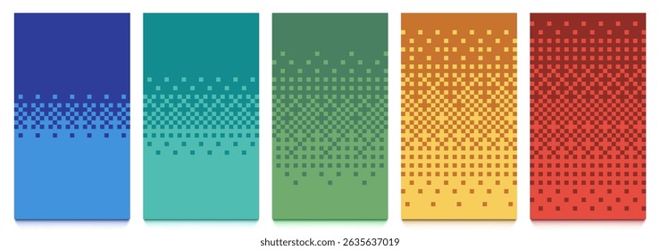 Dithering pattern gradient backgrounds. Digital 16x9 pixel art backdrop, dither pixelated two color blend transition, retro vector set