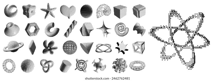 Dithering pixel art 3D shapes. Geometric and organic forms and figures with pixelated shading dotted texture. Abstract elements vector set of design grunge brutalism illustration