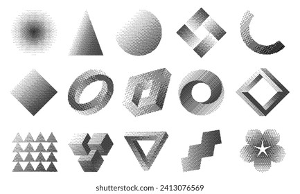 Dithering shapes. Retro 90s style pixel abstract geometric forms, trendy black and white circle and square halftone texture. Vector retro logo badges of dither bitmap design illustration