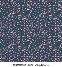 Ditsies floral pattern. Pretty flowers on gray-blue background. Printing with small pink and fuchsia flowers. Ditsy print. Seamless vector texture. Spring bouquet.