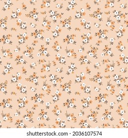 Ditsies floral pattern. Pretty flowers on beige background. Printing with small orange and white flowers. Ditsy print. Seamless vector texture. Spring bouquet.