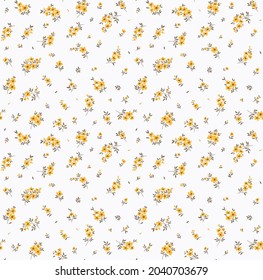 Ditsies Floral Pattern. Pretty Flowers On White Background. Printing With Small Yellow Flowers. Ditsy Print. Seamless Vector Texture. Spring Bouquet.