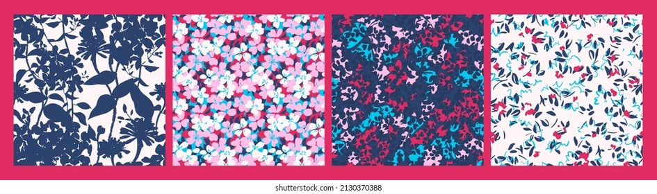 Ditsy all over seamless patterns. Set of summer meadow flowers in modern minimalist style. Simple flat modern drawing. Floral texture of daisies, plants collection for textile design. Botanical prints