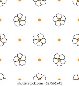 Ditsy background. Floral seamless pattern with cute flowers and polka dot. Vector illustration. Repeating ornament for print on fabric, textile, paper, gift wrap,wallpaper. Rustic simple style.