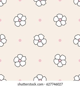 Ditsy background. Floral seamless pattern with cute flowers and polka dot. Vector illustration. Repeating ornament for print on fabric, textile, paper, gift wrap,wallpaper. Rustic simple style.