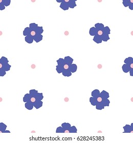 Ditsy background. Floral seamless pattern with cute flowers and polka dot. Vector illustration. Repeating ornament for print on fabric, textile, paper, gift wrap,wallpaper. Rustic simple style.