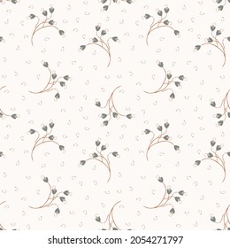 Ditsy background. Vector floral seamless pattern. Abstract ornament texture with simple small gray and red flowers on twigs. Liberty style wallpapers on beige backdrop. Elegant design for decor, cloth