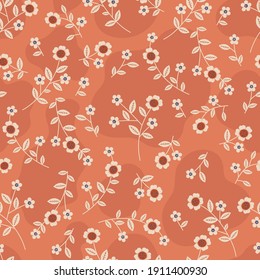 Ditsy Beige Flowers on Rust Background Vector Seamless Pattern