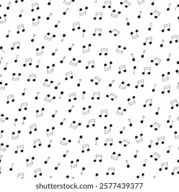 Ditsy Black Music Notes Scattered on White background creating a seamless pattern print background