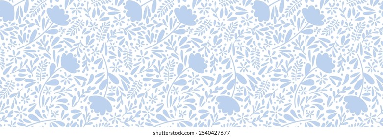 Banner padrão floral azul ditsy, fundo vetor repetitivo sem costura, papel de parede flor, design horizontal largo