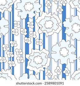 Ditsy blue and white flowers on white background with vertical blue stripes. Seamless retro pattern in liberty pastoral style. Minimalist palette. For summer textile collection, wallpaper. Vector.