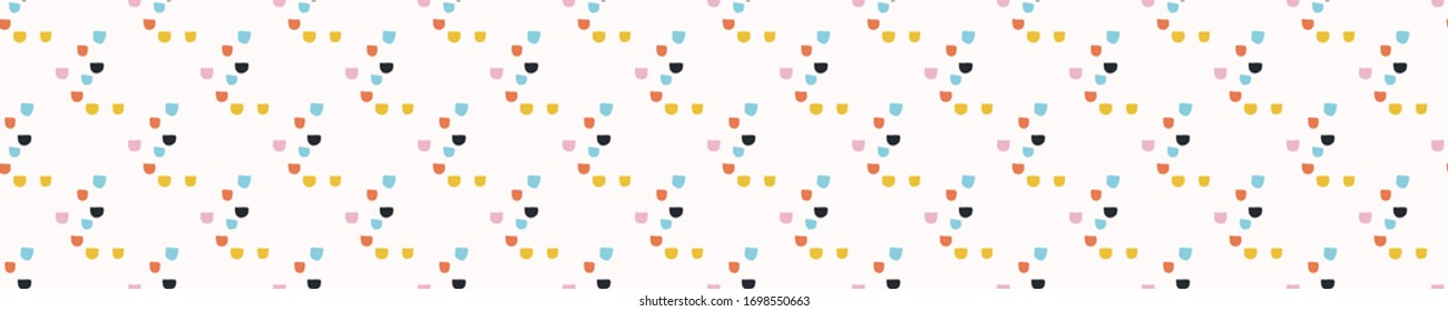 Ditsy bright confetti shapes seamless vector border pattern. Stylized paper cut out banner backgrounsd. Kawaii modern retro fun ribbon trim. candi childish bright sprinkles masking washi tape.