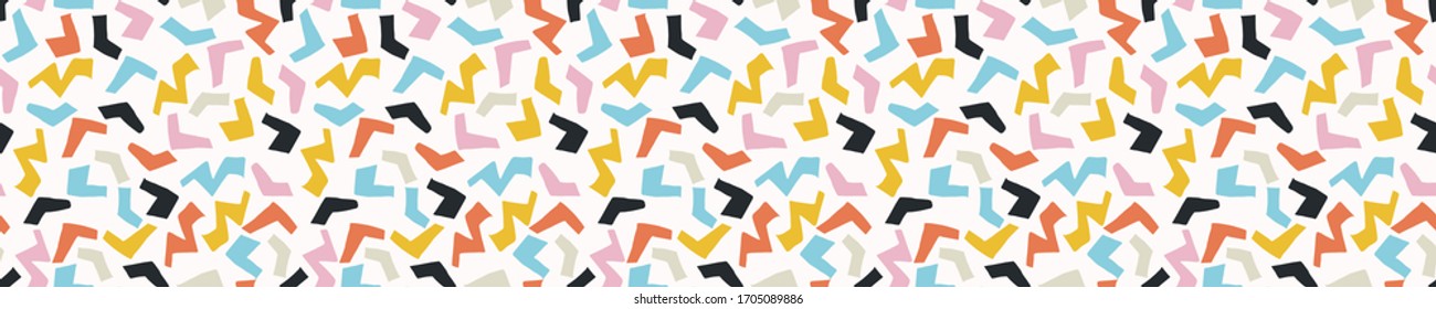 Ditsy bright confetti shapes seamless vector border pattern. Stylized paper cut out banner background. Kawaii modern retro fun ribbon trim. candi childish bright sprinkles masking washi tape.