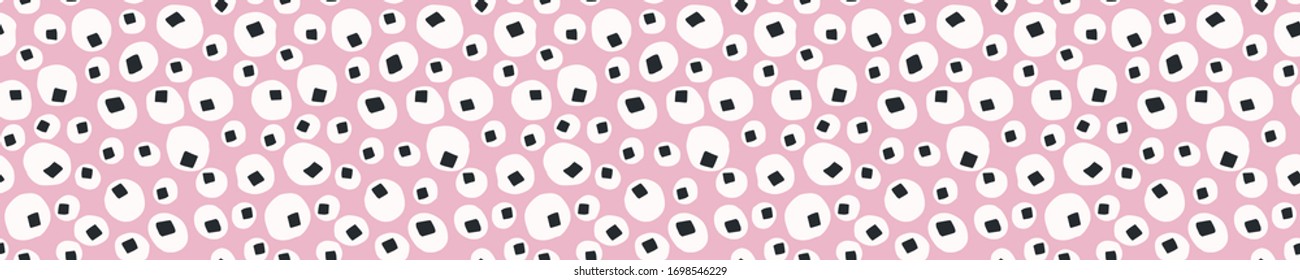 
Ditsy bright polka dot shapes seamless vector border pattern. Stylized paper cut out banner background. Kawaii modern retro fun ribbon trim. Dotty scandi childish bright circle masking washi tape.